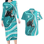 Brisbane Heat Couples Matching Long Sleeve Bodycon Dress and Hawaiian Shirt Aboriginal Dot Art Cyan White - Tribal Wave Pattern