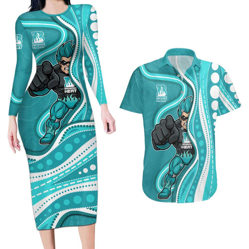 Brisbane Heat Couples Matching Long Sleeve Bodycon Dress and Hawaiian Shirt Aboriginal Dot Art Cyan White - Tribal Wave Pattern