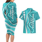 Brisbane Heat Couples Matching Long Sleeve Bodycon Dress and Hawaiian Shirt Aboriginal Dot Art Cyan White - Tribal Wave Pattern