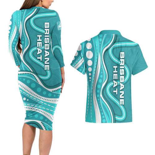 Brisbane Heat Couples Matching Long Sleeve Bodycon Dress and Hawaiian Shirt Aboriginal Dot Art Cyan White - Tribal Wave Pattern