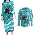 Brisbane Heat Couples Matching Long Sleeve Bodycon Dress and Long Sleeve Button Shirt Aboriginal Dot Art Cyan White - Tribal Wave Pattern