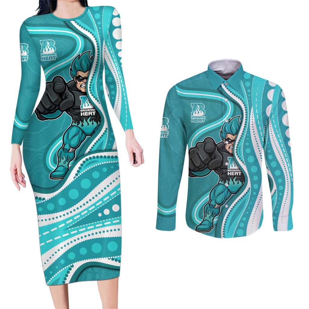 Brisbane Heat Couples Matching Long Sleeve Bodycon Dress and Long Sleeve Button Shirt Aboriginal Dot Art Cyan White - Tribal Wave Pattern