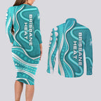 Brisbane Heat Couples Matching Long Sleeve Bodycon Dress and Long Sleeve Button Shirt Aboriginal Dot Art Cyan White - Tribal Wave Pattern