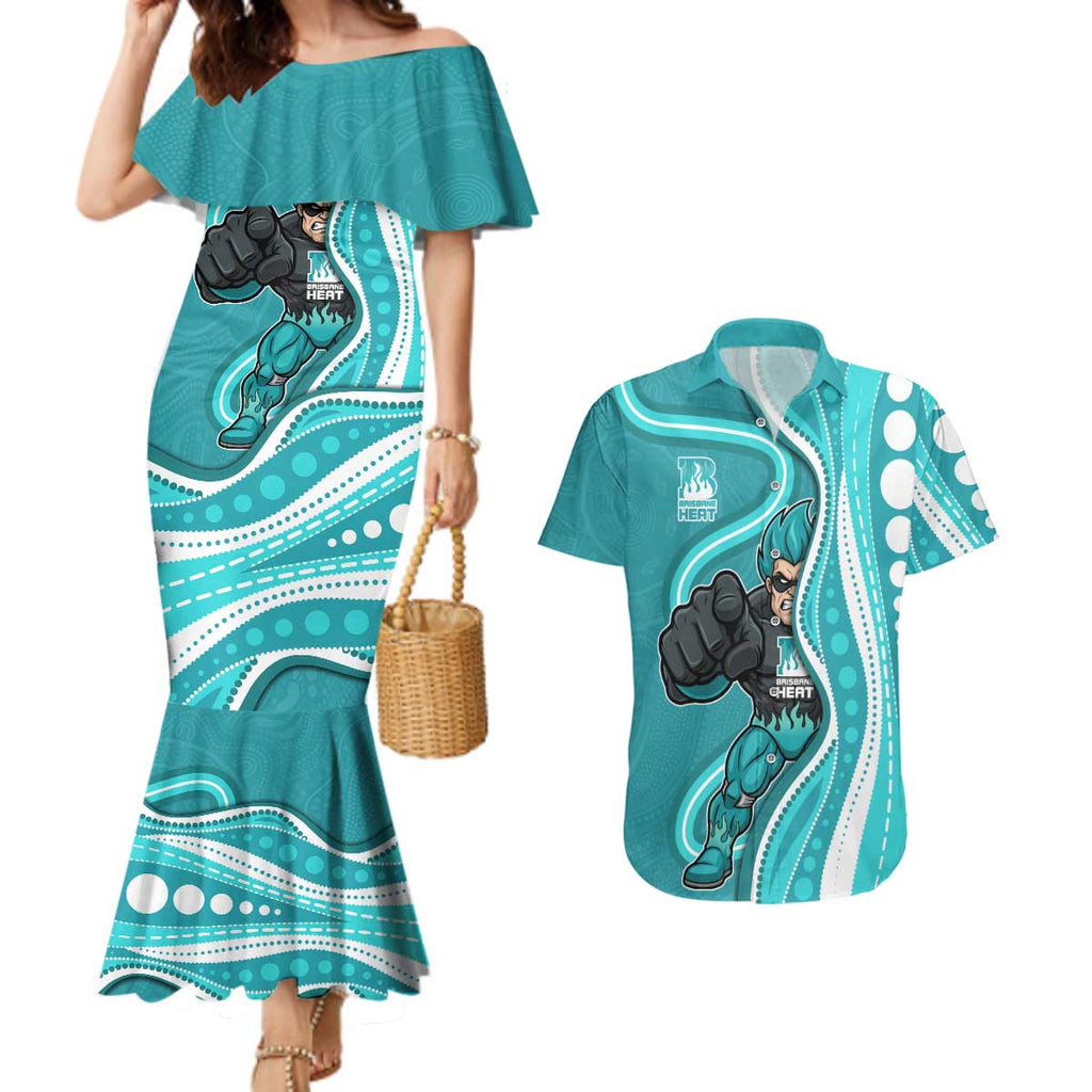 Brisbane Heat Couples Matching Mermaid Dress and Hawaiian Shirt Aboriginal Dot Art Cyan White - Tribal Wave Pattern