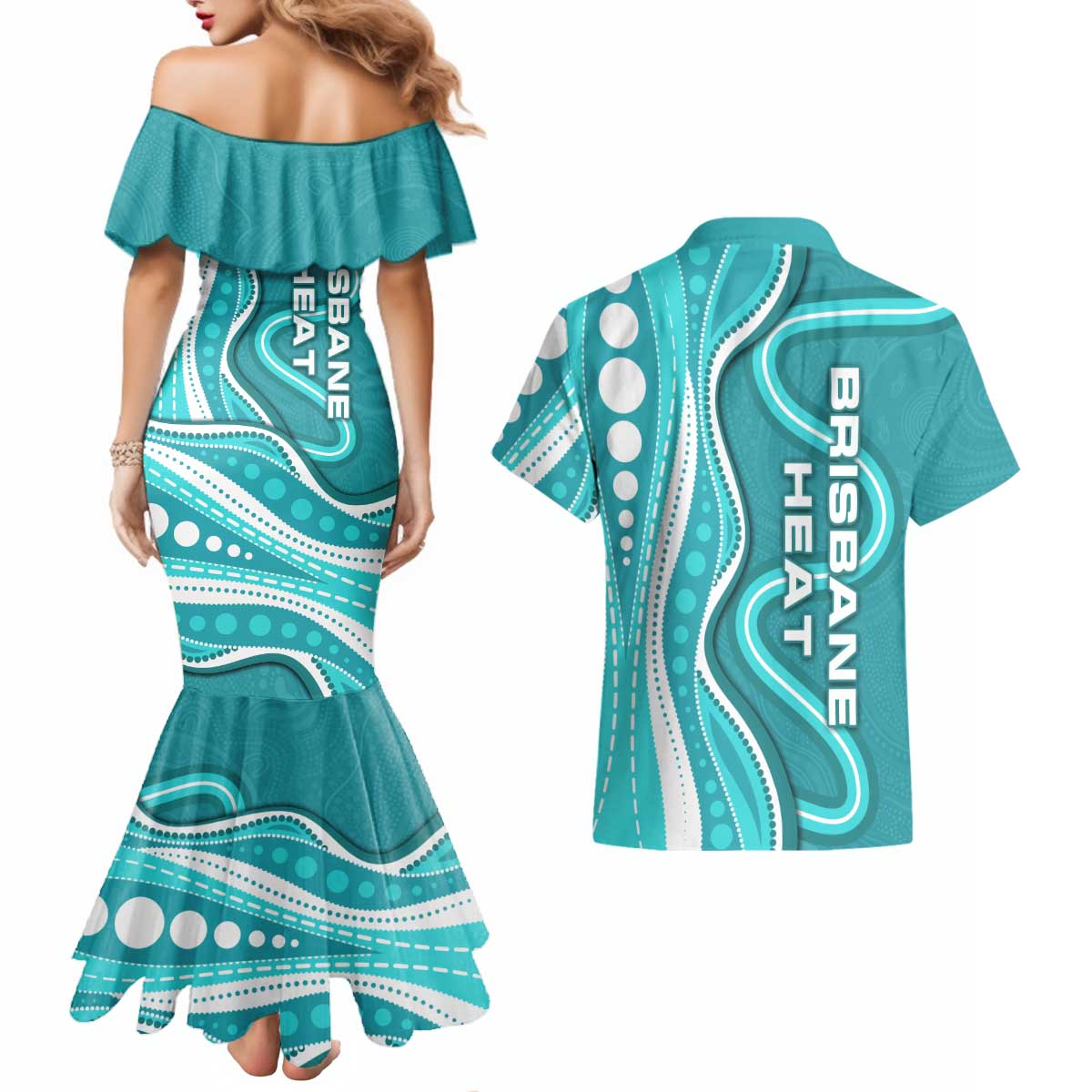 Brisbane Heat Couples Matching Mermaid Dress and Hawaiian Shirt Aboriginal Dot Art Cyan White - Tribal Wave Pattern