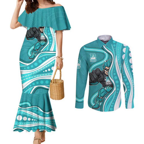 Brisbane Heat Couples Matching Mermaid Dress and Long Sleeve Button Shirt Aboriginal Dot Art Cyan White - Tribal Wave Pattern