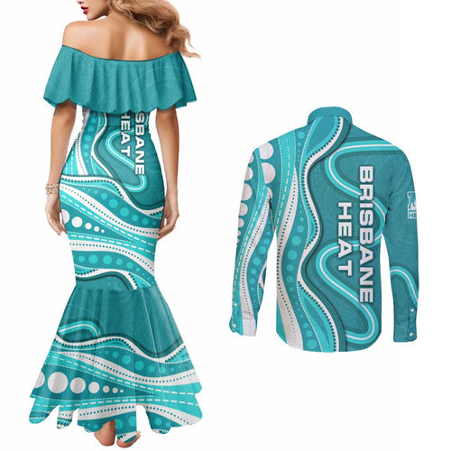 Brisbane Heat Couples Matching Mermaid Dress and Long Sleeve Button Shirt Aboriginal Dot Art Cyan White - Tribal Wave Pattern