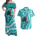 Brisbane Heat Couples Matching Off Shoulder Maxi Dress and Hawaiian Shirt Aboriginal Dot Art Cyan White - Tribal Wave Pattern