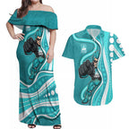 Brisbane Heat Couples Matching Off Shoulder Maxi Dress and Hawaiian Shirt Aboriginal Dot Art Cyan White - Tribal Wave Pattern