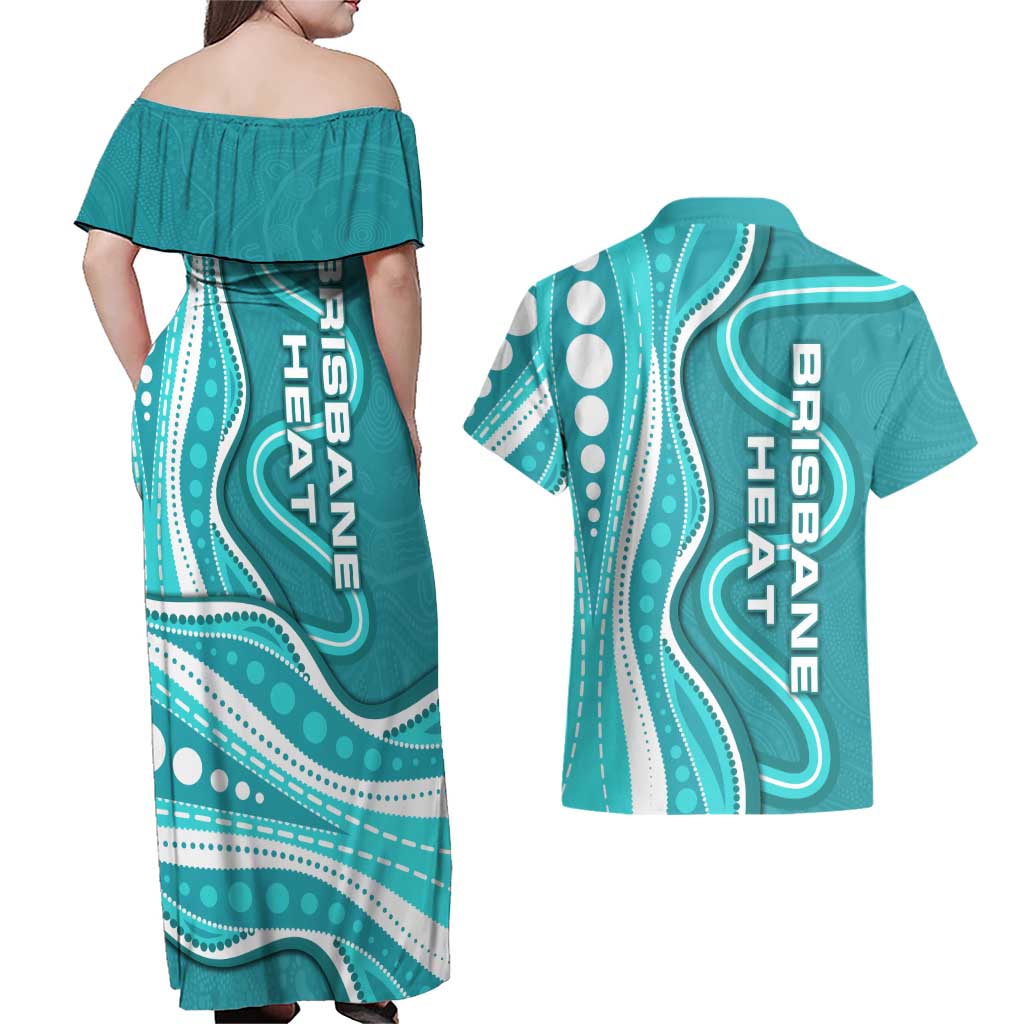 Brisbane Heat Couples Matching Off Shoulder Maxi Dress and Hawaiian Shirt Aboriginal Dot Art Cyan White - Tribal Wave Pattern