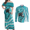 Brisbane Heat Couples Matching Off Shoulder Maxi Dress and Long Sleeve Button Shirt Aboriginal Dot Art Cyan White - Tribal Wave Pattern