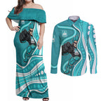 Brisbane Heat Couples Matching Off Shoulder Maxi Dress and Long Sleeve Button Shirt Aboriginal Dot Art Cyan White - Tribal Wave Pattern