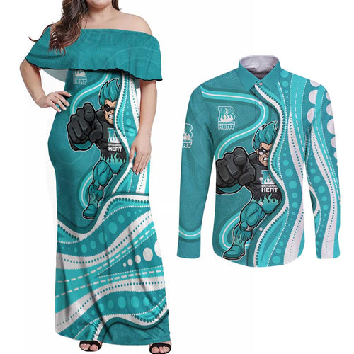 Brisbane Heat Couples Matching Off Shoulder Maxi Dress and Long Sleeve Button Shirt Aboriginal Dot Art Cyan White - Tribal Wave Pattern
