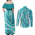 Brisbane Heat Couples Matching Off Shoulder Maxi Dress and Long Sleeve Button Shirt Aboriginal Dot Art Cyan White - Tribal Wave Pattern