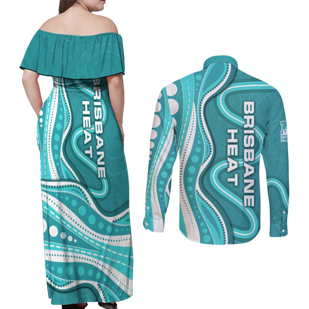 Brisbane Heat Couples Matching Off Shoulder Maxi Dress and Long Sleeve Button Shirt Aboriginal Dot Art Cyan White - Tribal Wave Pattern