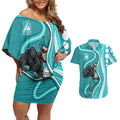 Brisbane Heat Couples Matching Off Shoulder Short Dress and Hawaiian Shirt Aboriginal Dot Art Cyan White - Tribal Wave Pattern