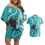 Brisbane Heat Couples Matching Off Shoulder Short Dress and Hawaiian Shirt Aboriginal Dot Art Cyan White - Tribal Wave Pattern