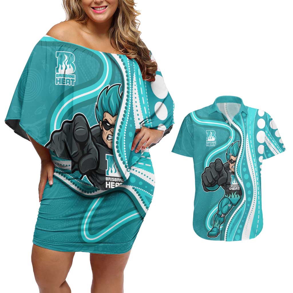 Brisbane Heat Couples Matching Off Shoulder Short Dress and Hawaiian Shirt Aboriginal Dot Art Cyan White - Tribal Wave Pattern