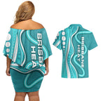 Brisbane Heat Couples Matching Off Shoulder Short Dress and Hawaiian Shirt Aboriginal Dot Art Cyan White - Tribal Wave Pattern