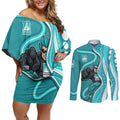 Brisbane Heat Couples Matching Off Shoulder Short Dress and Long Sleeve Button Shirt Aboriginal Dot Art Cyan White - Tribal Wave Pattern