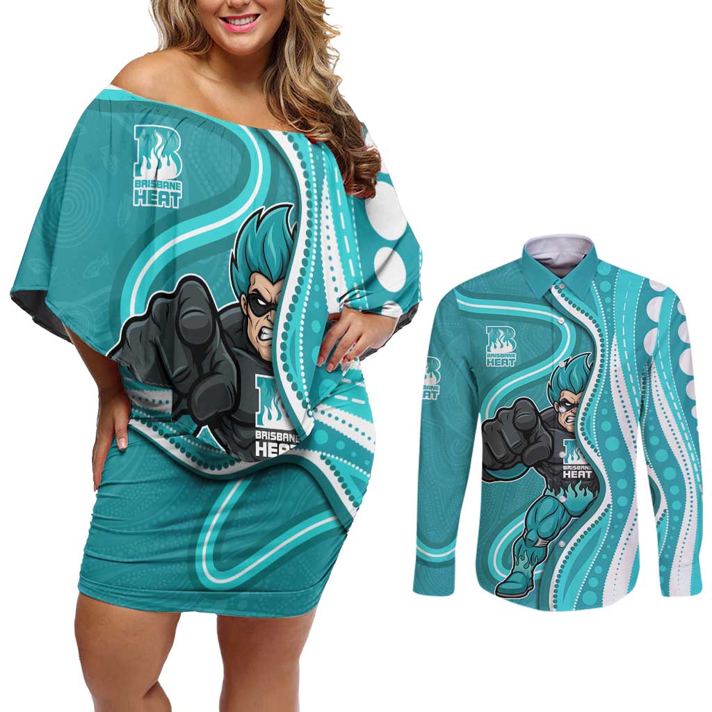 Brisbane Heat Couples Matching Off Shoulder Short Dress and Long Sleeve Button Shirt Aboriginal Dot Art Cyan White - Tribal Wave Pattern