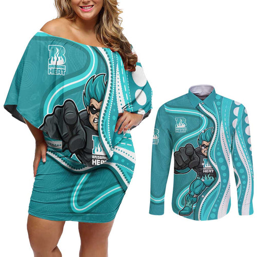 Brisbane Heat Couples Matching Off Shoulder Short Dress and Long Sleeve Button Shirt Aboriginal Dot Art Cyan White - Tribal Wave Pattern