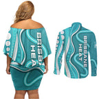 Brisbane Heat Couples Matching Off Shoulder Short Dress and Long Sleeve Button Shirt Aboriginal Dot Art Cyan White - Tribal Wave Pattern