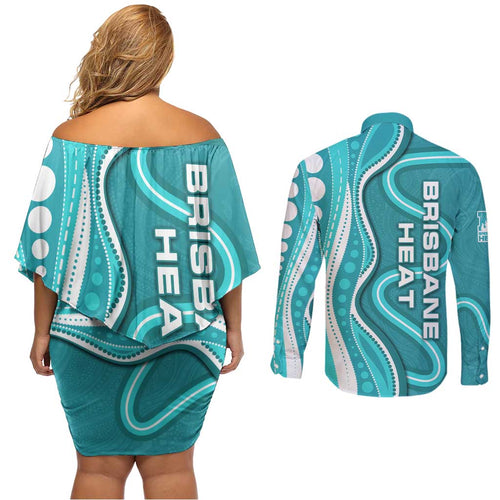 Brisbane Heat Couples Matching Off Shoulder Short Dress and Long Sleeve Button Shirt Aboriginal Dot Art Cyan White - Tribal Wave Pattern