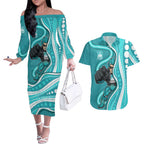 Brisbane Heat Couples Matching Off The Shoulder Long Sleeve Dress and Hawaiian Shirt Aboriginal Dot Art Cyan White - Tribal Wave Pattern