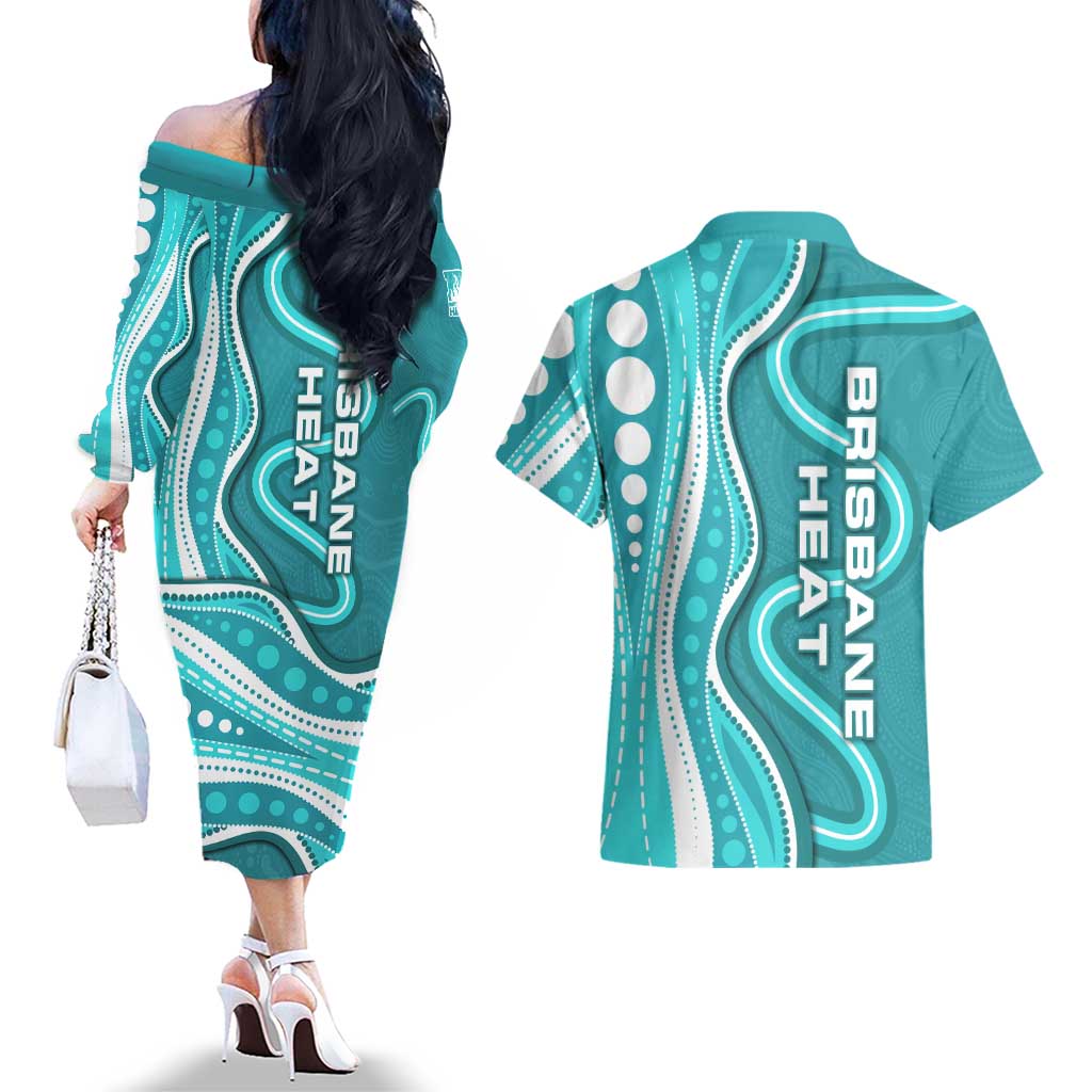 Brisbane Heat Couples Matching Off The Shoulder Long Sleeve Dress and Hawaiian Shirt Aboriginal Dot Art Cyan White - Tribal Wave Pattern