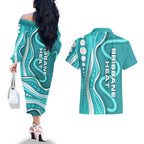 Brisbane Heat Couples Matching Off The Shoulder Long Sleeve Dress and Hawaiian Shirt Aboriginal Dot Art Cyan White - Tribal Wave Pattern