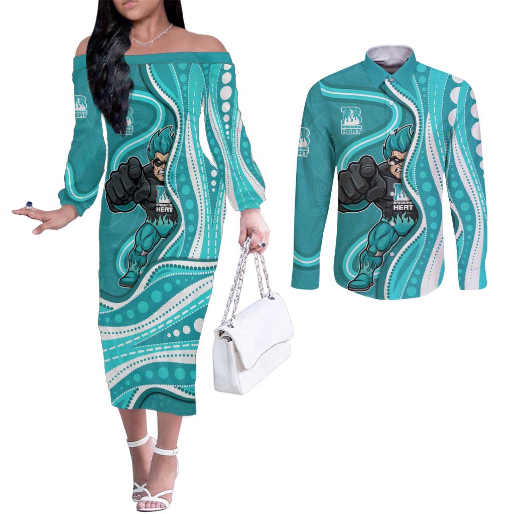 Brisbane Heat Couples Matching Off The Shoulder Long Sleeve Dress and Long Sleeve Button Shirt Aboriginal Dot Art Cyan White - Tribal Wave Pattern