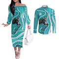 Brisbane Heat Couples Matching Off The Shoulder Long Sleeve Dress and Long Sleeve Button Shirt Aboriginal Dot Art Cyan White - Tribal Wave Pattern
