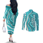 Brisbane Heat Couples Matching Off The Shoulder Long Sleeve Dress and Long Sleeve Button Shirt Aboriginal Dot Art Cyan White - Tribal Wave Pattern