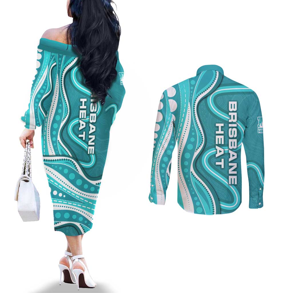 Brisbane Heat Couples Matching Off The Shoulder Long Sleeve Dress and Long Sleeve Button Shirt Aboriginal Dot Art Cyan White - Tribal Wave Pattern