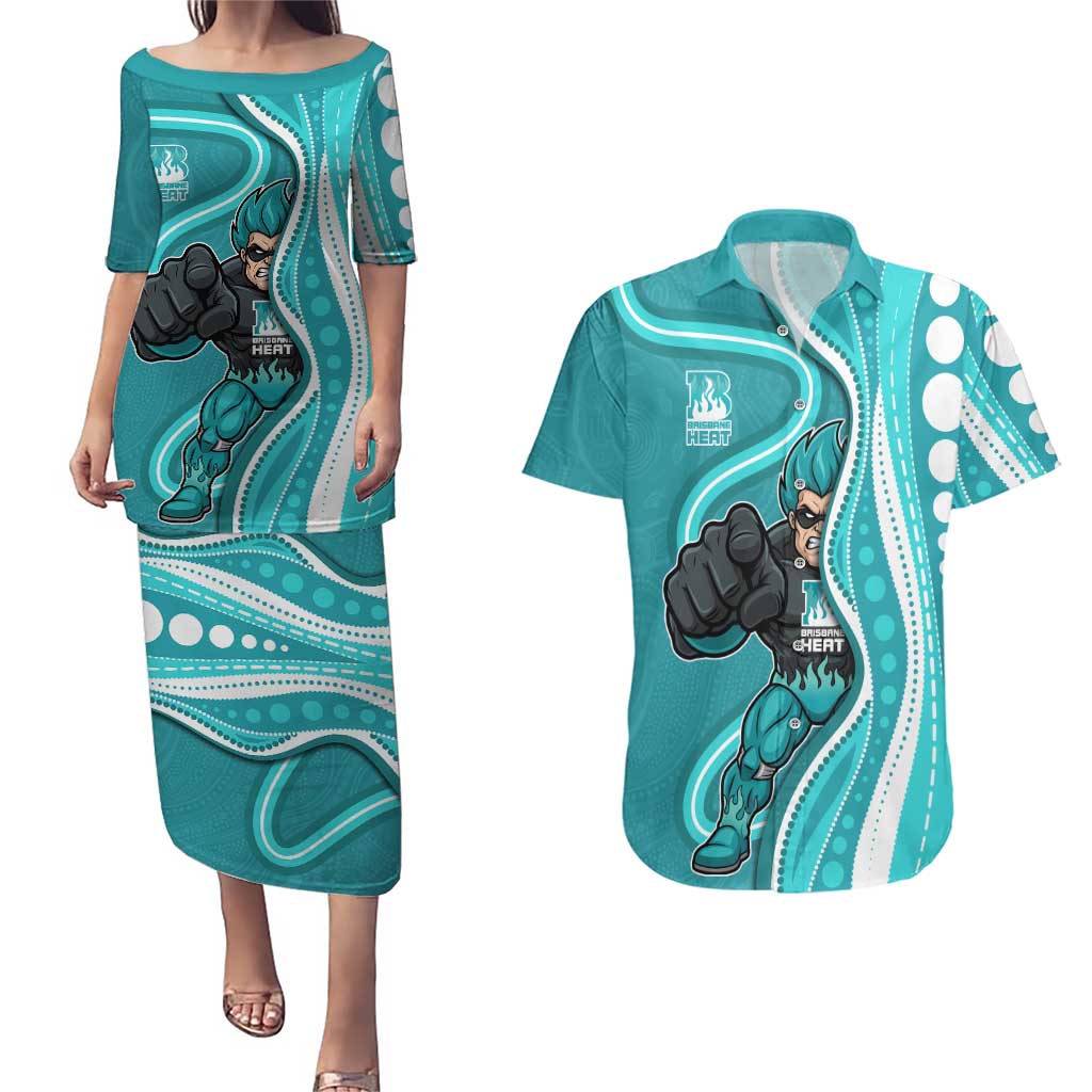Brisbane Heat Couples Matching Puletasi and Hawaiian Shirt Aboriginal Dot Art Cyan White - Tribal Wave Pattern