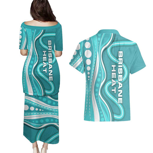 Brisbane Heat Couples Matching Puletasi and Hawaiian Shirt Aboriginal Dot Art Cyan White - Tribal Wave Pattern