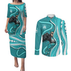 Brisbane Heat Couples Matching Puletasi and Long Sleeve Button Shirt Aboriginal Dot Art Cyan White - Tribal Wave Pattern