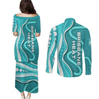 Brisbane Heat Couples Matching Puletasi and Long Sleeve Button Shirt Aboriginal Dot Art Cyan White - Tribal Wave Pattern