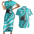 Brisbane Heat Couples Matching Short Sleeve Bodycon Dress and Hawaiian Shirt Aboriginal Dot Art Cyan White - Tribal Wave Pattern