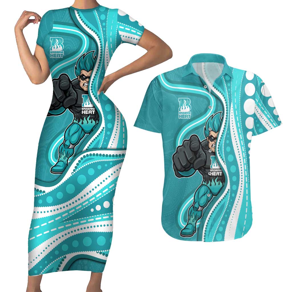 Brisbane Heat Couples Matching Short Sleeve Bodycon Dress and Hawaiian Shirt Aboriginal Dot Art Cyan White - Tribal Wave Pattern
