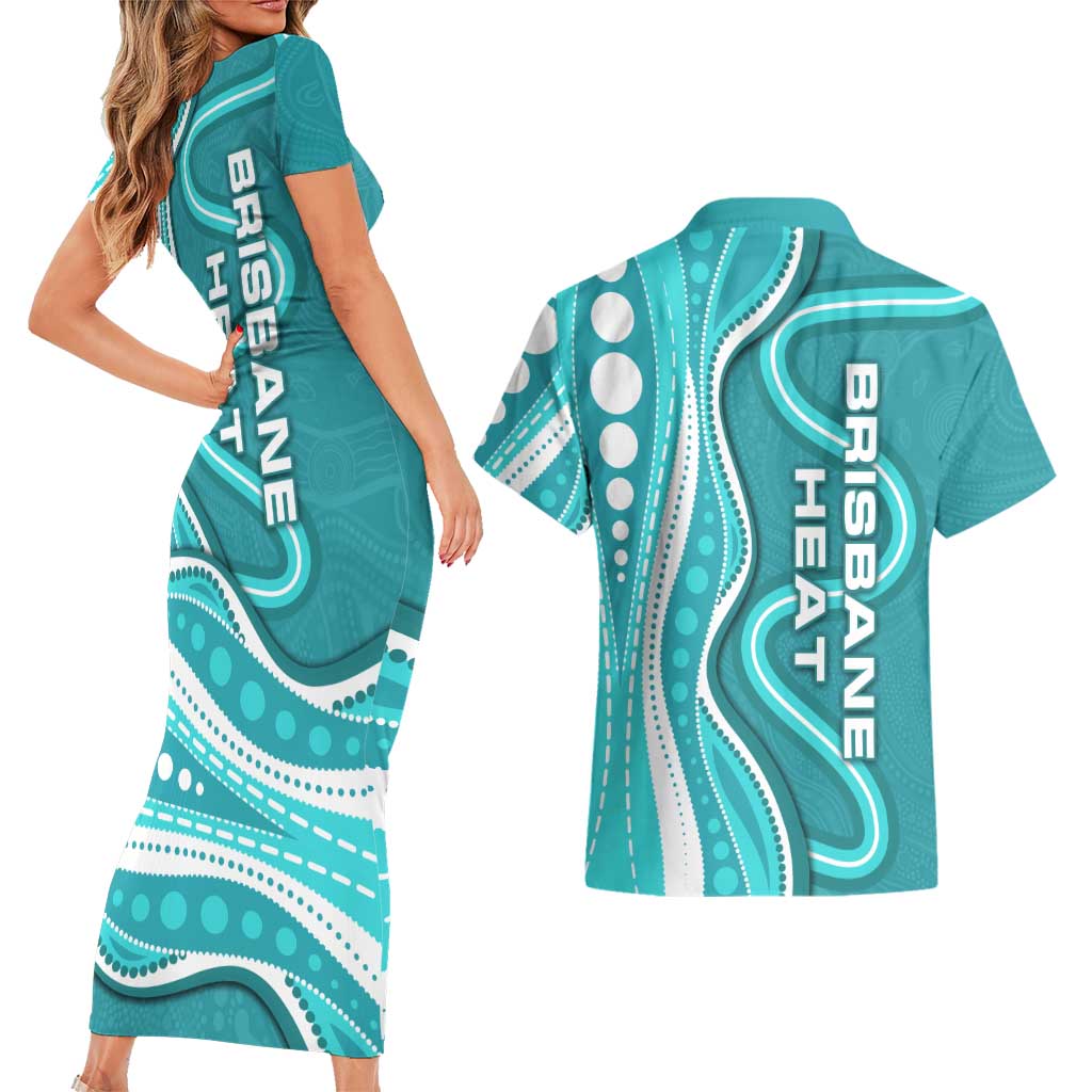 Brisbane Heat Couples Matching Short Sleeve Bodycon Dress and Hawaiian Shirt Aboriginal Dot Art Cyan White - Tribal Wave Pattern