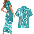 Brisbane Heat Couples Matching Short Sleeve Bodycon Dress and Hawaiian Shirt Aboriginal Dot Art Cyan White - Tribal Wave Pattern