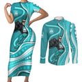Brisbane Heat Couples Matching Short Sleeve Bodycon Dress and Long Sleeve Button Shirt Aboriginal Dot Art Cyan White - Tribal Wave Pattern