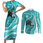 Brisbane Heat Couples Matching Short Sleeve Bodycon Dress and Long Sleeve Button Shirt Aboriginal Dot Art Cyan White - Tribal Wave Pattern