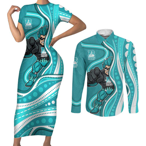 Brisbane Heat Couples Matching Short Sleeve Bodycon Dress and Long Sleeve Button Shirt Aboriginal Dot Art Cyan White - Tribal Wave Pattern