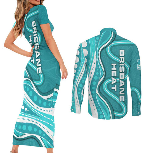 Brisbane Heat Couples Matching Short Sleeve Bodycon Dress and Long Sleeve Button Shirt Aboriginal Dot Art Cyan White - Tribal Wave Pattern