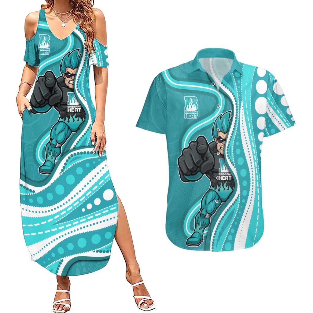 Brisbane Heat Couples Matching Summer Maxi Dress and Hawaiian Shirt Aboriginal Dot Art Cyan White - Tribal Wave Pattern