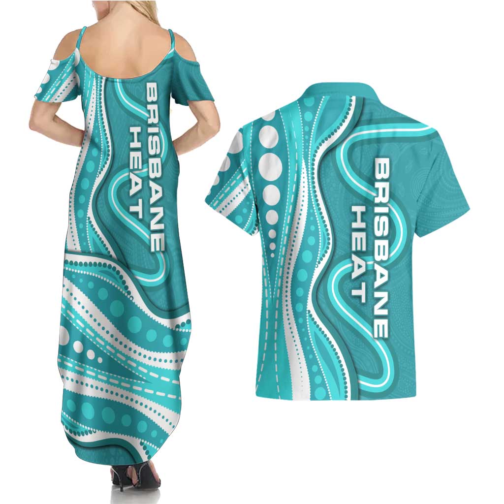 Brisbane Heat Couples Matching Summer Maxi Dress and Hawaiian Shirt Aboriginal Dot Art Cyan White - Tribal Wave Pattern