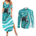 Brisbane Heat Couples Matching Summer Maxi Dress and Long Sleeve Button Shirt Aboriginal Dot Art Cyan White - Tribal Wave Pattern